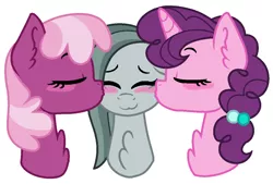 Size: 1068x724 | Tagged: safe, artist:geekcoffee, derpibooru import, cheerilee, marble pie, sugar belle, earth pony, pony, unicorn, blushing, cheeribetes, chest fluff, cute, eyes closed, female, kiss on the cheek, kiss sandwich, kissing, lesbian, marbelle, marbilee, marblebetes, mare, polyamory, polygamy, shipping, simple background, sugarbetes, sugarlee, sugarmarilee, trio, white background