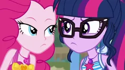Size: 1280x720 | Tagged: safe, derpibooru import, screencap, pinkie pie, sci-twi, twilight sparkle, equestria girls, equestria girls series, friendship math, close-up, duo, duo female, female, geode of sugar bombs, geode of telekinesis, glasses, lidded eyes, looking at each other, unamused