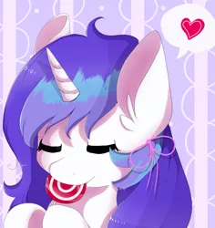 Size: 1415x1501 | Tagged: safe, artist:whiskyice, derpibooru import, oc, oc:windy, unofficial characters only, pony, unicorn, abstract background, bow, bust, candy, eyes closed, food, hair bow, heart, horn, lollipop, pictogram, unicorn oc