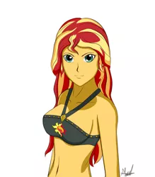 Size: 1400x1600 | Tagged: safe, artist:marsil, derpibooru import, sunset shimmer, equestria girls, equestria girls series, forgotten friendship, belly button, breasts, cutie mark, female, looking at you, sideboob, solo, swimsuit