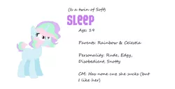 Size: 1174x600 | Tagged: safe, artist:sodadoodle, derpibooru import, oc, oc:sleep, unofficial characters only, unicorn, base used, blue, magical lesbian spawn, next generation, offspring, parent:princess celestia, parent:rainbow dash, parents:dashlestia, pastel, pink hair, purple hair, reference sheet, rude horse, turquoise hair