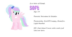 Size: 1174x600 | Tagged: safe, artist:sodadoodle, derpibooru import, oc, oc:soft, unofficial characters only, pegasus, pony, base used, blue eyes, blue hair, magical lesbian spawn, next generation, offspring, parent:princess celestia, parent:rainbow dash, parents:dashlestia, pink, purple hair, reference sheet, turquoise hair