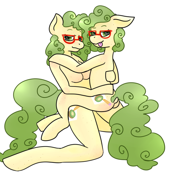Size: 5000x5000 | Tagged: questionable, artist:kiwiscribbles, derpibooru import, oc, oc:kiwi scribbles, unofficial characters only, anthro, earth pony, unguligrade anthro, absurd resolution, anthro on pony action, anthro ponidox, arm hooves, breasts, cute, cutie mark, featureless breasts, female, glasses, interspecies, self ponidox, selfcest, shipping, simple background, transparent background