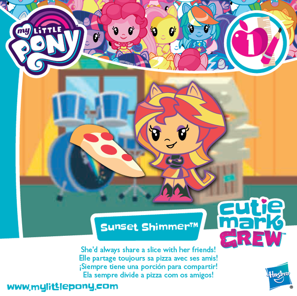 Size: 672x669 | Tagged: safe, derpibooru import, official, applejack, fluttershy, pinkie pie, rainbow dash, sunset shimmer, twilight sparkle, equestria girls, box art, cutie mark crew, food, french, meat, pepperoni, pepperoni pizza, pizza, ponied up, portuguese, spanish, toy