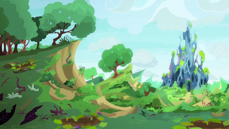 Size: 1280x720 | Tagged: background, changeling hive, cloud, derpibooru import, grass, no pony, partly cloudy, plant, safe, scenery, screencap, to change a changeling, tree, vegetation