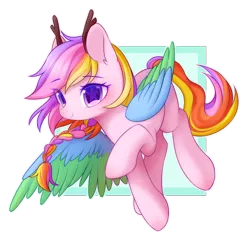 Size: 2000x2000 | Tagged: safe, artist:leafywind, derpibooru import, oc, unofficial characters only, pegasus, pony, abstract background, antlers, braid, colored pupils, colored wings, ear fluff, female, mare, multicolored hair, multicolored tail, simple background, smiling, solo, spread wings, starry eyes, transparent background, two toned wings, wingding eyes, wings