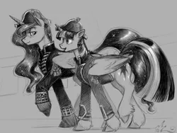 Size: 1200x900 | Tagged: safe, artist:amarynceus, deleted from derpibooru, derpibooru import, princess luna, twilight sparkle, twilight sparkle (alicorn), alicorn, pony, admiral, bicorne, clothes, cloven hooves, duo, female, gray background, grayscale, hat, lesbian, mare, monochrome, realistic horse legs, royal navy, shipping, signature, simple background, twiluna, uniform, unshorn fetlocks