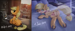 Size: 4244x1778 | Tagged: suggestive, artist:shadowreindeer, derpibooru import, applejack, pony, bed, blushing, collar, comparison, dock, horseshoes, iphone, looking at you, mobile phone, on bed, one eye closed, open mouth, panting, pet tag, phone, pony pet, prone, remake, sitting, smartphone, solo, tail wrap, tongue out, underhoof