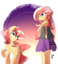 Size: 1466x1600 | Tagged: safe, artist:tohupo, derpibooru import, sunset shimmer, pony, unicorn, equestria girls, equestria girls series, beautiful, clothes, cute, female, geode of empathy, human ponidox, jacket, leather jacket, leather vest, looking at each other, magical geodes, mare, moe, self ponidox, skirt, smiling