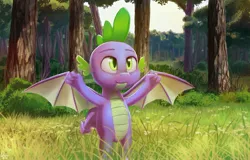 Size: 2385x1524 | Tagged: artist:quvr, derpibooru import, dragon, forest, grass, male, safe, solo, spike, summer, tree, winged spike