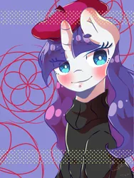 Size: 1500x2000 | Tagged: safe, artist:cometsparke, derpibooru import, rarity, pony, beatnik rarity, beret, clothes, female, hat, mare, smiling, sweater