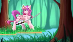 Size: 2694x1573 | Tagged: safe, artist:airiniblock, derpibooru import, oc, oc:luscious desire, unofficial characters only, bat pony, pony, bat pony oc, crown, grass, levitation, magic, raised hoof, rcf community, regalia, river, solo, sword, telekinesis, tree, weapon