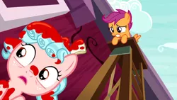 Size: 1280x720 | Tagged: cozy glow, derpibooru import, duo, female, filly, marks for effort, not blood, out of context, paint, safe, scootaloo, screencap
