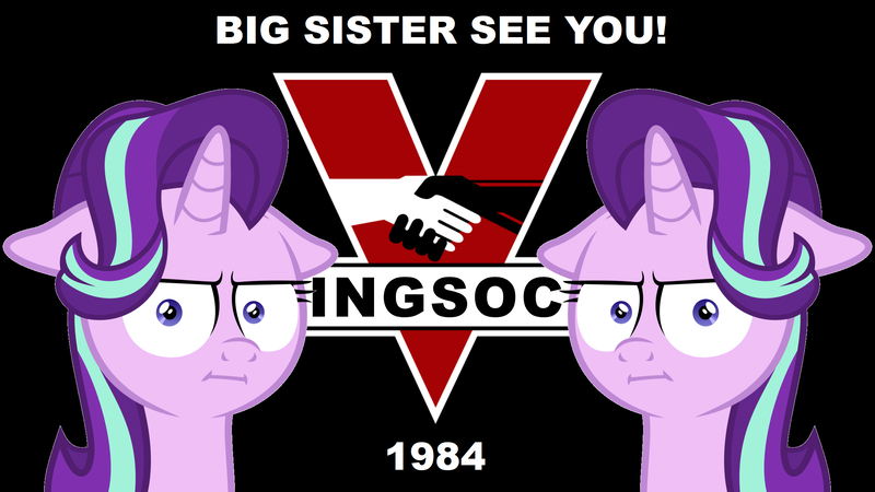 Size: 2208x1243 | Tagged: safe, artist:the smiling pony, derpibooru import, edit, starlight glimmer, pony, unicorn, marks for effort, 1984, :i, big brother, big brother is watching, big sister see you, exclamation point, faic, floppy ears, george orwell, i mean i see, ingsoc, looking at you, political parties, propaganda, solo, stalin glimmer, text, text edit, unamused, vector