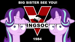 Size: 2208x1243 | Tagged: safe, artist:the smiling pony, derpibooru import, edit, starlight glimmer, pony, unicorn, marks for effort, 1984, :i, big brother, big brother is watching, big sister see you, exclamation point, faic, floppy ears, george orwell, i mean i see, ingsoc, looking at you, political parties, propaganda, solo, stalin glimmer, text, text edit, unamused, vector