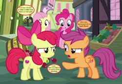 Size: 1044x720 | Tagged: apple, apple bloom, bow, carrot, cropped, derpibooru import, edit, edited screencap, fluttershy, food, hair bow, lettuce, marks for effort, pinkie pie, ponyville, pun, safe, scootachicken, scootaloo, screencap, speech bubble, text
