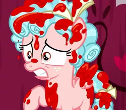 Size: 817x715 | Tagged: safe, derpibooru import, screencap, cozy glow, pegasus, pony, marks for effort, bow, cropped, female, filly, hair bow, not blood, out of context, paint, paint on fur, raised hoof, solo, tail bow