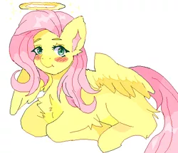 Size: 540x464 | Tagged: safe, artist:furfetti, derpibooru import, fluttershy, pegasus, pony, blushing, cute, female, fluffy, halo, mare, missing cutie mark, pixel art, prone, shyabetes, simple background, smiling, solo, sparkles, transparent background