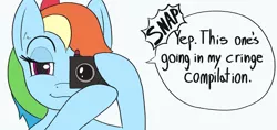 Size: 1914x900 | Tagged: artist:infrayellow, camera, cringe compilation, derpibooru import, dialogue, female, meme, rainbow dash, safe, solo, speech bubble