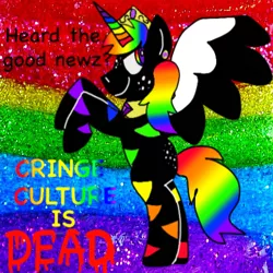 Size: 500x500 | Tagged: safe, artist:c0lorcore, derpibooru import, oc, alicorn, pony, alicorn oc, comic sans, cringe culture is dead, positive message, positive ponies, rainbow, scene kid, solo