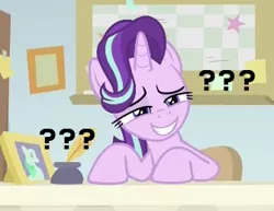 Size: 335x259 | Tagged: safe, derpibooru import, edit, edited screencap, screencap, starlight glimmer, pony, unicorn, marks for effort, confused, confused nick young, female, grin, lidded eyes, mare, meme, question mark, smiling, solo, starlight's office, text