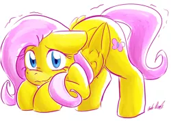 Size: 3801x2697 | Tagged: safe, artist:alomaire-whoruinedeverything, derpibooru import, fluttershy, pegasus, pony, face down ass up, female, floppy ears, folded wings, looking at you, mare, nervous, shaking, simple background, solo, three quarter view, wavy mouth, white background, wings