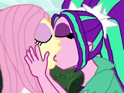 Size: 1400x1050 | Tagged: suggestive, artist:bigpurplemuppet99, derpibooru import, aria blaze, fluttershy, equestria girls, ariashy, female, flutterblaze, kissing, lesbian, shipping