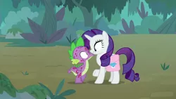 Size: 1280x720 | Tagged: safe, derpibooru import, screencap, rarity, spike, dragon, pony, unicorn, molt down, duo, everfree forest, female, male, mare, out of context, saddle bag, stone scales