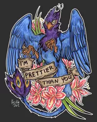 Size: 2441x3068 | Tagged: safe, artist:kiriska, derpibooru import, oc, oc:gyro feather, oc:gyro tech, gryphon, banner, griffonized, species swap, traditional art