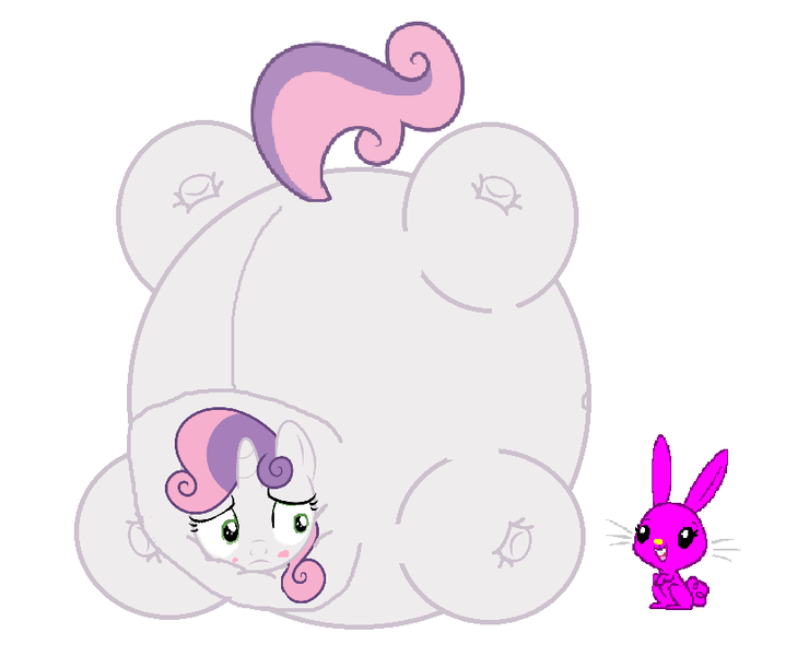 Size: 829x672 | Tagged: questionable, artist:theinflater19, derpibooru import, sweetie belle, oc, oc:rosie bunny, series:sweetie balloon, blushing, image, inflation, png, sweetie belloon