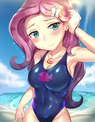 Size: 800x1018 | Tagged: suggestive, artist:tzc, derpibooru import, fluttershy, equestria girls, equestria girls series, armpits, beach, bedroom eyes, blushing, breasts, busty fluttershy, cleavage, clothes, female, geode of fauna, jewelry, looking at you, magical geodes, necklace, one-piece swimsuit, sexy, smiling, solo, solo female, sunlight, swimsuit, water