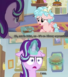 Size: 640x720 | Tagged: burger, caption, cozy glow, crossing the memes, derpibooru import, edit, edited screencap, female, filly, floppy ears, food, hamburger, i mean i see, mare, marks for effort, meme, ponies eating meat, safe, screencap, simpsons did it, starlight glimmer, steamed hams, the simpsons
