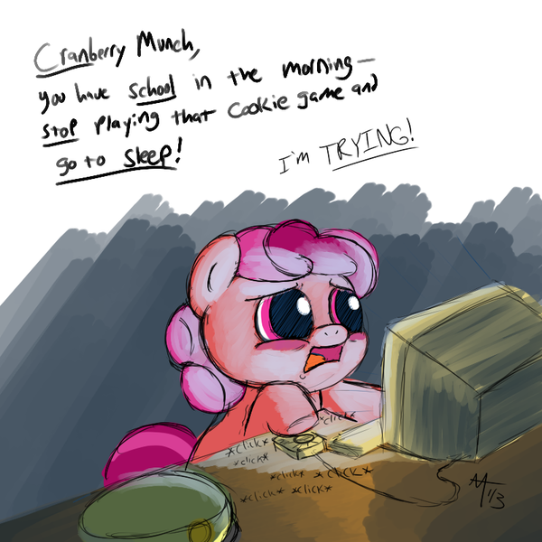 Size: 800x800 | Tagged: safe, artist:aa, derpibooru import, oc, oc:berry munch, unofficial characters only, earth pony, pony, computer, computer mouse, cookie clicker, female, filly, filly guides, filly scouts, solo, speech, text