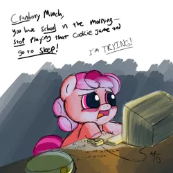 Size: 800x800 | Tagged: safe, artist:aa, derpibooru import, oc, oc:berry munch, unofficial characters only, earth pony, pony, computer, computer mouse, cookie clicker, female, filly, filly guides, filly scouts, solo, speech, text