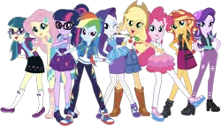 Size: 1970x1123 | Tagged: safe, artist:flameprincess3535, derpibooru import, editor:superbobiann, applejack, fluttershy, juniper montage, pinkie pie, rainbow dash, rarity, sci-twi, starlight glimmer, sunset shimmer, twilight sparkle, equestria girls, equestria girls series, mirror magic, spoiler:eqg specials, converse, humane five, humane seven, humane six, sandals, shoes, simple background, sneakers, transparent background