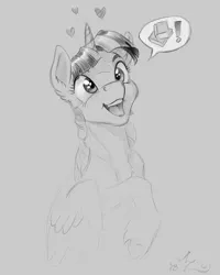 Size: 900x1125 | Tagged: safe, artist:amarynceus, deleted from derpibooru, derpibooru import, twilight sparkle, twilight sparkle (alicorn), alicorn, pony, book, bookhorse, female, gray background, grayscale, mare, monochrome, open mouth, simple background, sketch, smiling, solo, that pony sure does love books