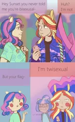 Size: 1000x1624 | Tagged: safe, artist:theorderofalisikus, derpibooru import, bon bon, sci-twi, sunset shimmer, sweetie drops, twilight sparkle, human, equestria girls, bisexual pride flag, bisexuality, blush sticker, blushing, blushing profusely, comic, eared humanization, female, flag, human coloration, humanized, lesbian, pride, pride flag, pun, scitwishimmer, shipping, sunsetsparkle, super deformed