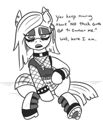 Size: 601x746 | Tagged: safe, artist:jargon scott, derpibooru import, oc, oc:nada phase, earth pony, pony, ankh, boots, bracelet, clothes, dialogue, ear piercing, earring, eyeshadow, female, fishnets, goth, grayscale, jewelry, lipstick, looking at you, makeup, mare, monochrome, necklace, piercing, plaid, plaid skirt, shoes, simple background, sitting, skirt, solo, spiked wristband, white background, wristband