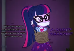 Size: 1110x768 | Tagged: semi-grimdark, artist:snakeythingy, derpibooru import, sci-twi, twilight sparkle, equestria girls, equestria girls series, bondage, bound and gagged, cloth gag, damsel in distress, dialogue, gag, manip, muffled words, photomanipulation, rope, rope bondage, story included, tied up