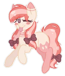 Size: 800x930 | Tagged: safe, artist:adostume, derpibooru import, oc, unofficial characters only, earth pony, pony, blushing, bow, hair bow, raspberry, simple background, smiling, solo, tail bow, tongue out, transparent background