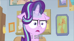 Size: 600x338 | Tagged: safe, derpibooru import, edit, edited screencap, screencap, starlight glimmer, pony, unicorn, marks for effort, :i, animated, caption, chocolate, cup, drinking, empathy cocoa, faic, floppy ears, food, gif, guidance counselor, hot chocolate, i mean i see, shrunken pupils, solo, stare, starlight's office