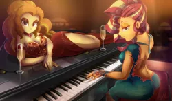 Size: 2500x1468 | Tagged: safe, artist:light262, derpibooru import, adagio dazzle, sunset shimmer, human, equestria girls, alcohol, backless, beautiful, beautisexy, bedroom eyes, breasts, cleavage, clothes, cocktail dress, dress, duo, duo female, eyeshadow, female, gem, glass, legs, lidded eyes, looking at you, makeup, piano, pretty, sexy, side slit, siren gem, sitting, sultry, sultry pose, wine, wine glass