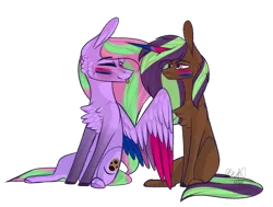 Size: 1210x916 | Tagged: safe, artist:sweetmelon556, derpibooru import, oc, oc:night rose, oc:sweet melon, unofficial characters only, pegasus, pony, unicorn, bisexual pride flag, bisexuality, colored wings, female, mare, multicolored wings, pride, pride month, simple background, sitting, transparent background