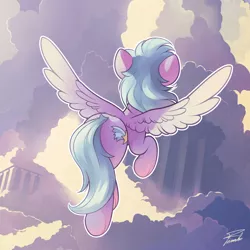 Size: 2200x2200 | Tagged: safe, artist:freeedon, derpibooru import, cloudchaser, pegasus, pony, cloud, female, flying, mare, rear view, sky, solo, spread wings, wings