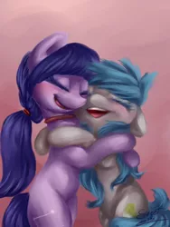 Size: 960x1280 | Tagged: safe, artist:elisdoominika, derpibooru import, oc, oc:cosmia nebula, oc:sweet elis, unofficial characters only, earth pony, pony, choker, elisia, eyes closed, female, happy, hug, lesbian, mare, open mouth