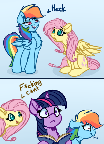 Size: 4000x5500 | Tagged: safe, artist:witchtaunter, derpibooru import, fluttershy, rainbow dash, twilight sparkle, twilight sparkle (alicorn), alicorn, pegasus, pony, bad influence, book, censored, censored vulgarity, chest fluff, dialogue, female, grawlixes, heck, hoof hold, mare, pfft, reading, swearing, swearyshy, that escalated quickly, trio, vulgar