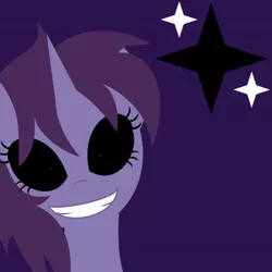 Size: 894x894 | Tagged: safe, artist:demonreapergirl, derpibooru import, oc, oc:dimmed star, pony, unicorn, fanfic, fanfic:the power of the equinox, black sclera, bust, cutie mark background, fanfic art, female, grin, horn, lineless, looking at you, mare, portrait, purple background, simple background, smiling, solo