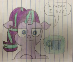 Size: 2880x2448 | Tagged: safe, artist:smurfettyblue, derpibooru import, starlight glimmer, pony, unicorn, marks for effort, :i, cup, empathy cocoa, floppy ears, glowing horn, i mean i see, lined paper, magic, mug, solo, speech bubble, telekinesis, text, traditional art