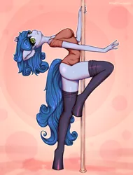 Size: 2686x3543 | Tagged: suggestive, artist:kindpineapple, derpibooru import, oc, unofficial characters only, anthro, earth pony, unguligrade anthro, anthro oc, backbend, breasts, clothes, female, looking at you, mare, pole, pole dancing, socks, solo, stockings, stripper pole, thigh highs, ych result