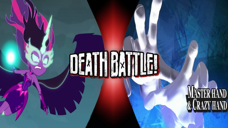 Size: 1311x737 | Tagged: safe, artist:optimussparkle, derpibooru import, sci-twi, twilight sparkle, equestria girls, friendship games, crazy hand, death battle, exploitable meme, master hand, meme, midnight sparkle, super smash bros., super smash bros. 4